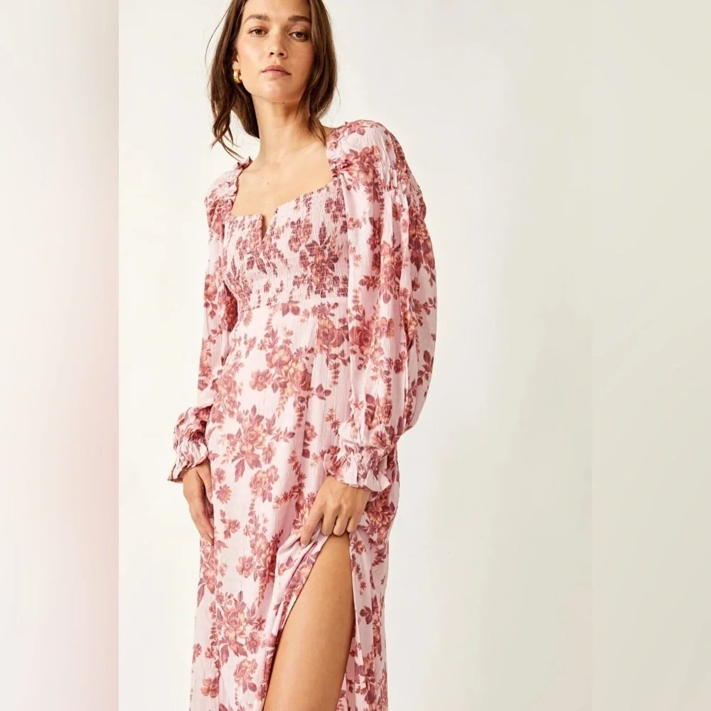 Free People Jaymes Midi Dress  Casual Smocked Long Sleeve S B2964